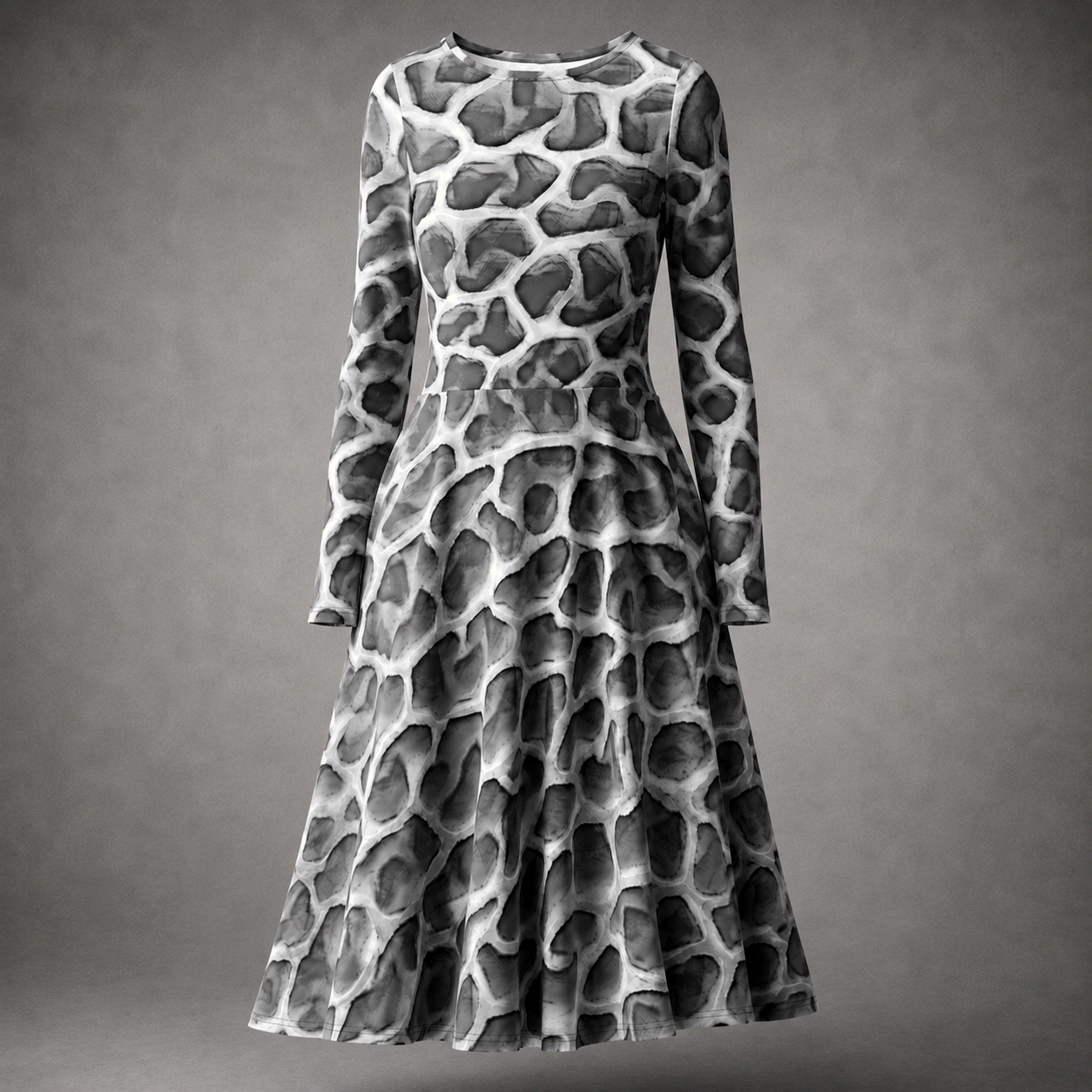 Front view of the ANSO Cellular Mesh Midi Dress on a grey studio background, showing the long sleeves, fitted waist, flared midi skirt, and grey cellular mesh print.