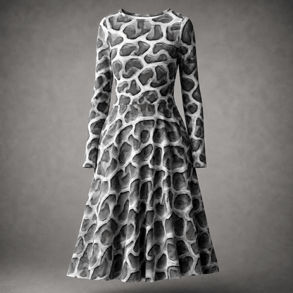 Front view of the ANSO Cellular Mesh Midi Dress on a grey studio background, showing the long sleeves, fitted waist, flared midi skirt, and grey cellular mesh print.