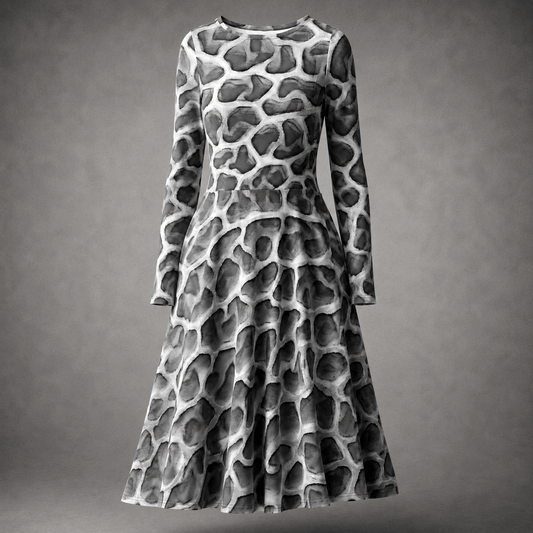 Front view of the ANSO Cellular Mesh Midi Dress on a grey studio background, showing the long sleeves, fitted waist, flared midi skirt, and grey cellular mesh print.