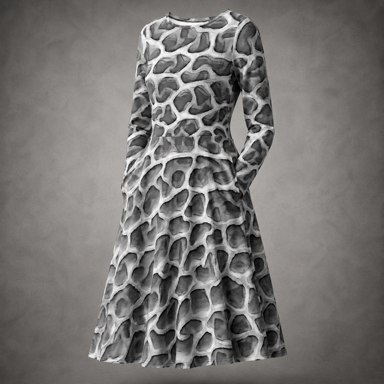 Front studio product image of the ANSO Cellular Mesh Midi Dress on a grey background, showing the long sleeves, fitted waist, flared midi-length skirt, and all-over grey cellular mesh design.