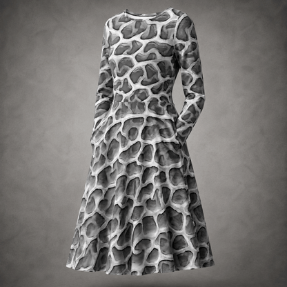 Front studio product image of the ANSO Cellular Mesh Midi Dress on a grey background, showing the long sleeves, fitted waist, flared midi-length skirt, and all-over grey cellular mesh design.