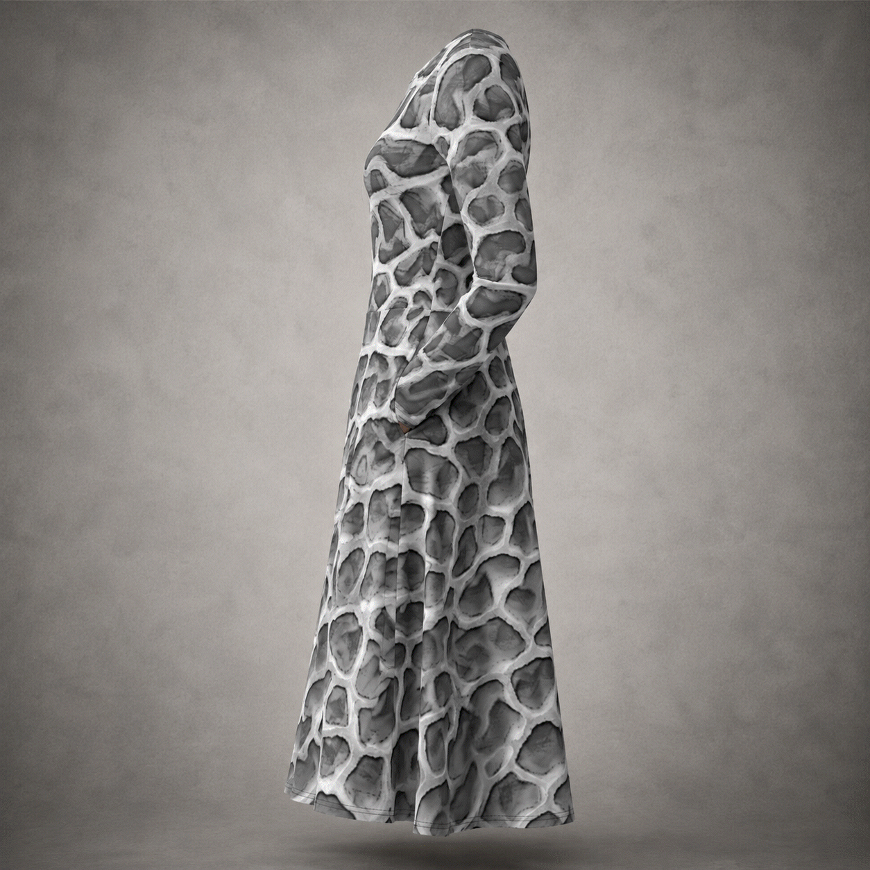 Side view of the ANSO Cellular Mesh Midi Dress on a grey studio background, showing the long-sleeve silhouette, fitted upper body, hidden side pocket, and flared midi-length skirt.