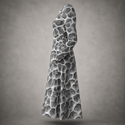 Side view of the ANSO Cellular Mesh Midi Dress on a grey studio background, showing the long-sleeve silhouette, fitted upper body, hidden side pocket, and flared midi-length skirt.