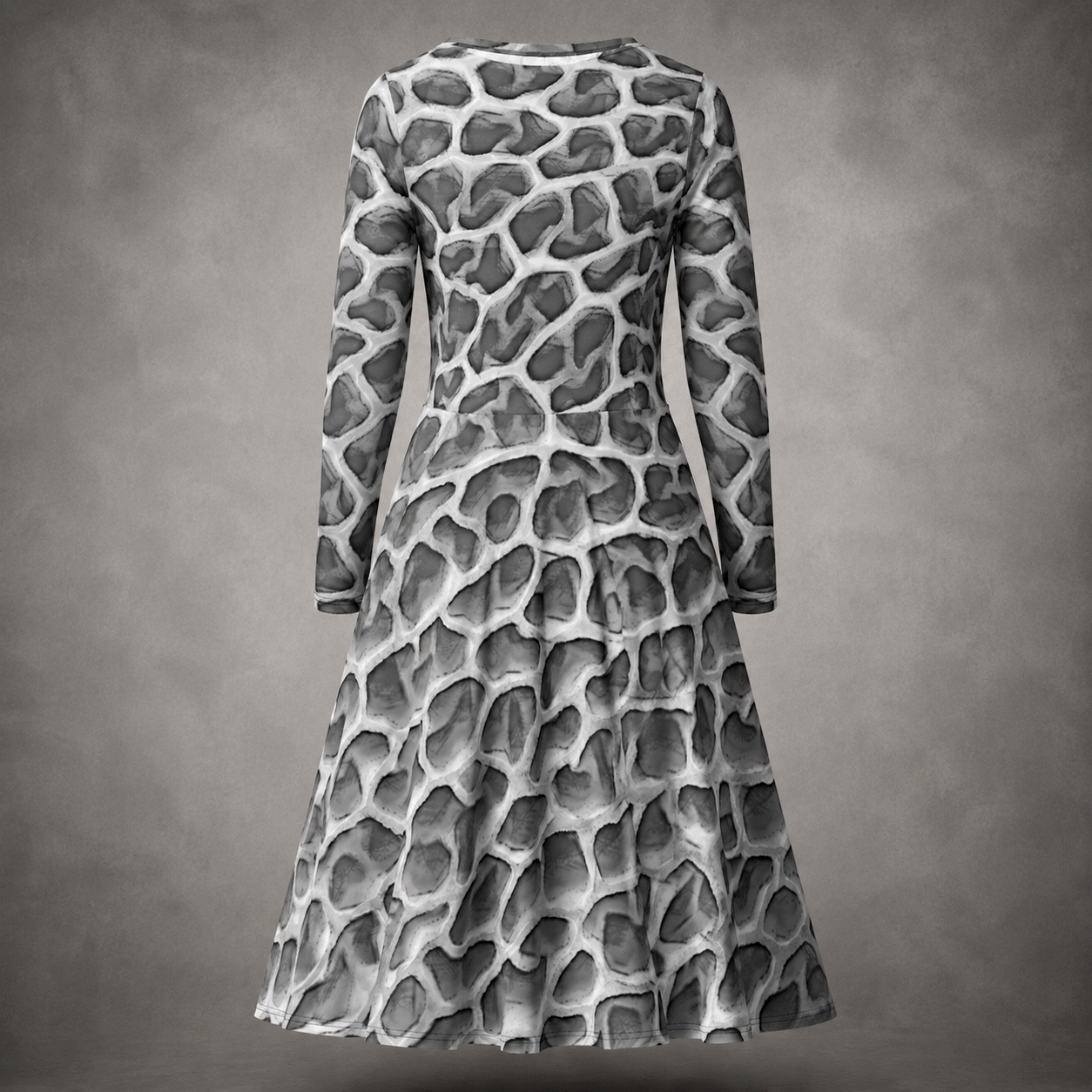 Back view of the ANSO Cellular Mesh Midi Dress on a grey studio background, showing the long sleeves, fitted waist, flared skirt, and continuous grey cellular mesh print.