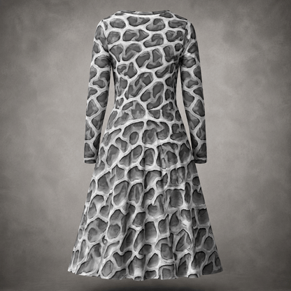 Back view of the ANSO Cellular Mesh Midi Dress on a grey studio background, showing the long sleeves, fitted waist, flared skirt, and continuous grey cellular mesh print.