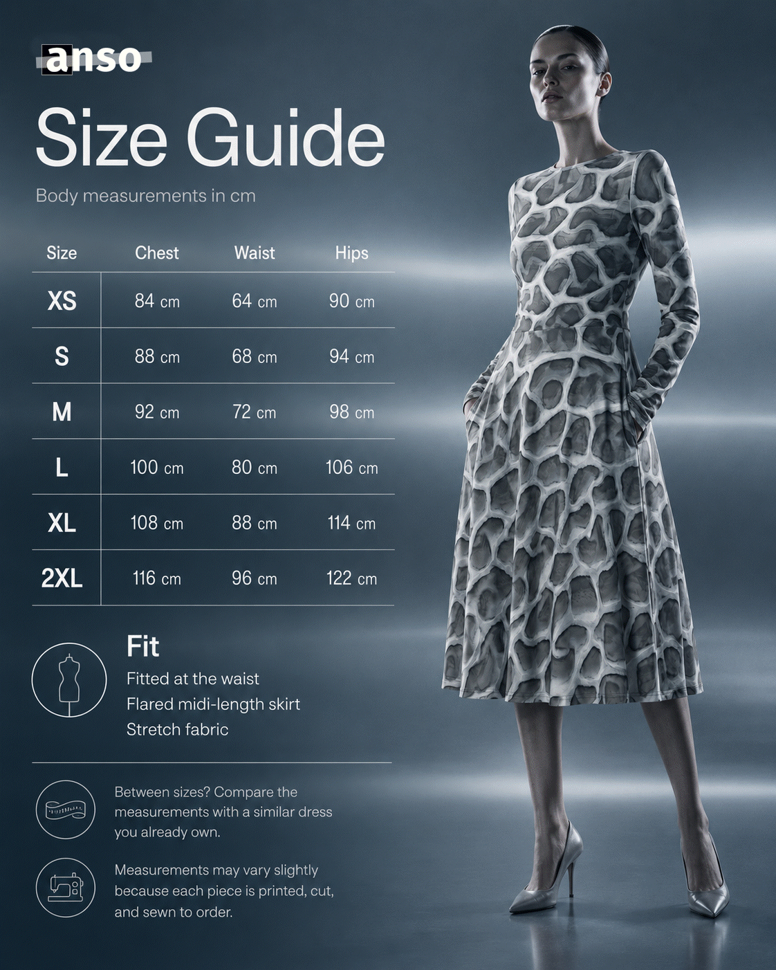 ANSO Cellular Mesh Midi Dress size guide with body measurements in centimeters for XS to 2XL, plus fit notes for fitted waist, flared midi-length skirt, and stretch fabric.