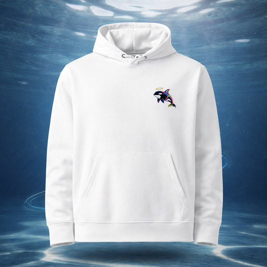 White hoodie with a small graphic on the chest against a blue underwater background