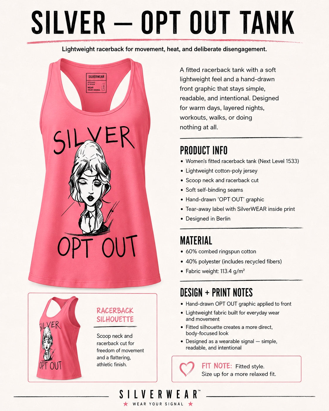 Pink tank top with 'Silver Opt Out' graphic design on a white background