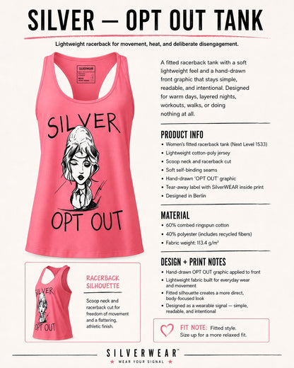 Pink tank top with 'Silver Opt Out' graphic design on a white background