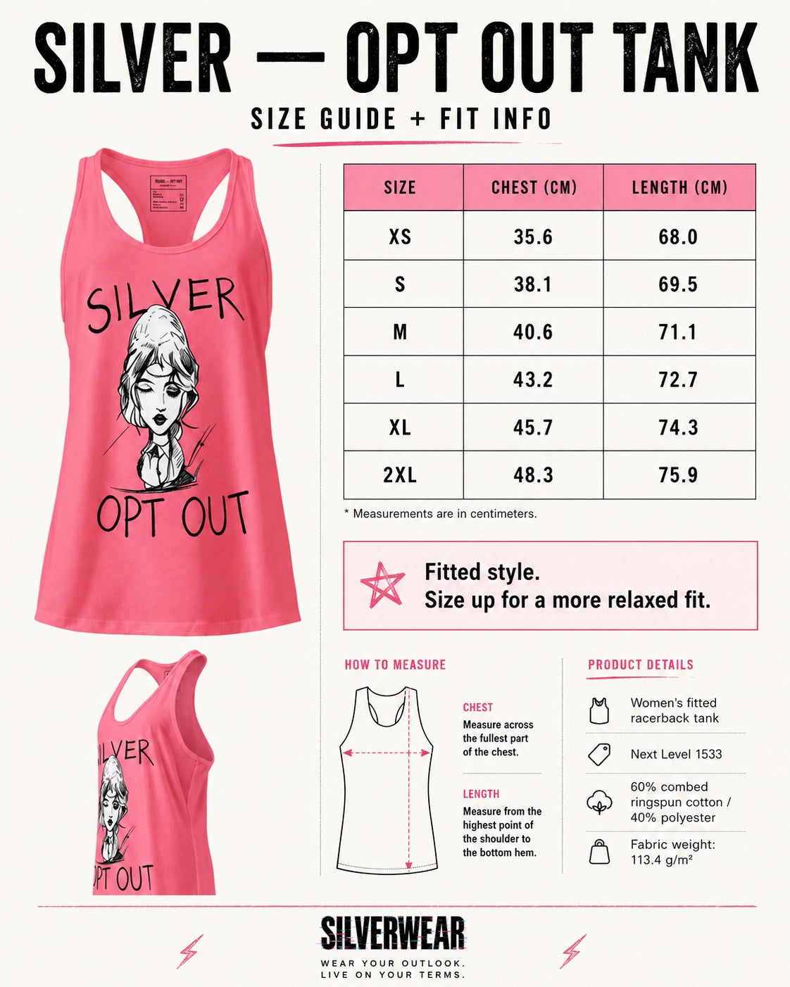 Pink tank top with 'Silver Opt Out' design and size guide on a white background
