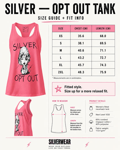 Pink tank top with 'Silver Opt Out' design and size guide on a white background