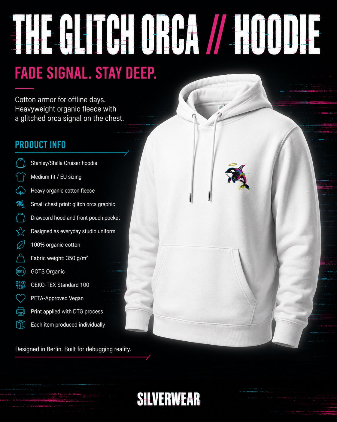 White Orca print hoodie with a graphic design on the chest against a dark background with text about the hoodie.