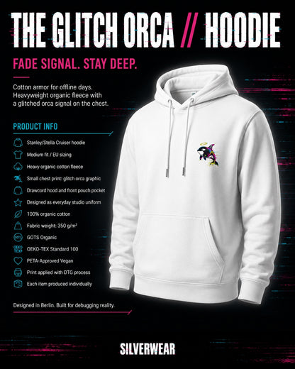 White Orca print hoodie with a graphic design on the chest against a dark background with text about the hoodie.