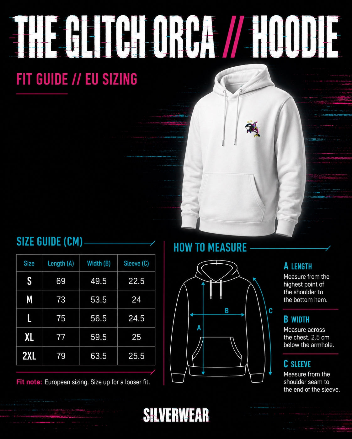 White Orca print hoodie with a graphic on the chest, size guide, and measurement chart for 'The Glitch Orca Hoodie' by Silverwear.