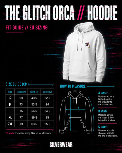White Orca print hoodie with a graphic on the chest, size guide, and measurement chart for 'The Glitch Orca Hoodie' by Silverwear.