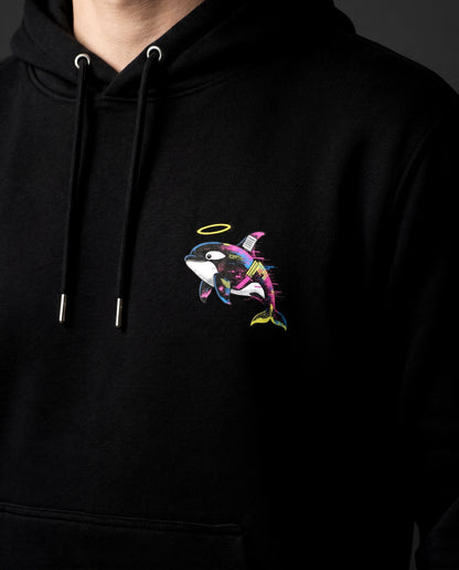 Black hoodie with a colorful angel shark design on a dark background