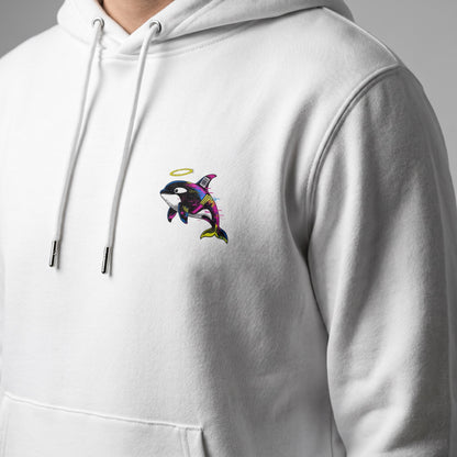 White hoodie with a colorful orca whale design on the chest against a gray background