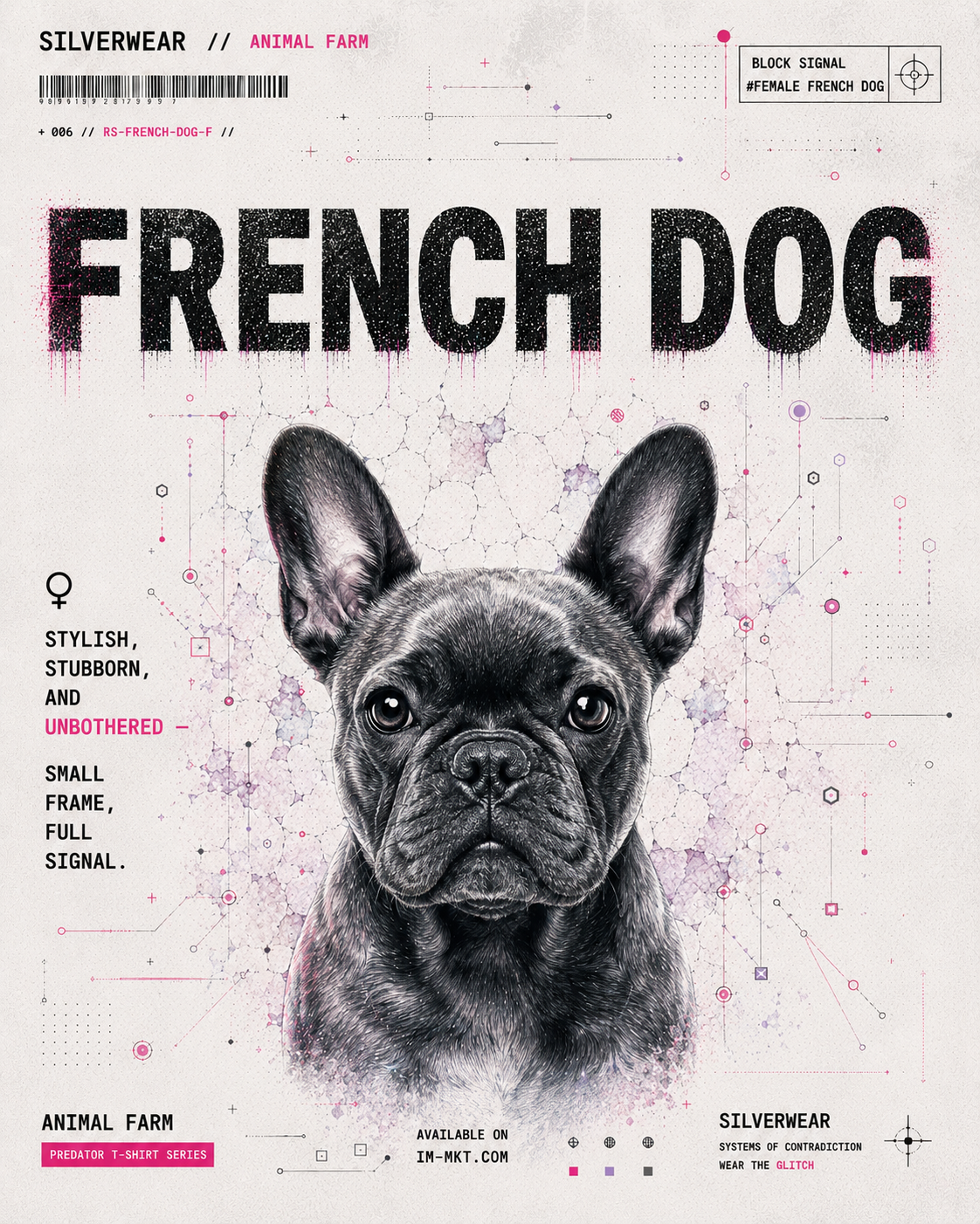 Promotional graphic for a dog brand featuring a French Bulldog illustration.