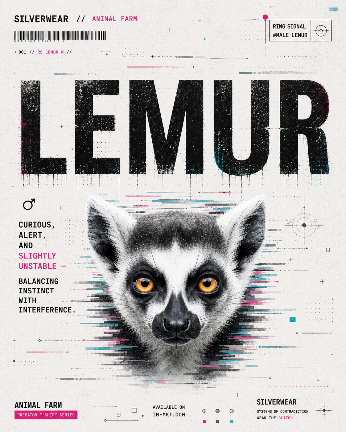 Poster of a lemur with text about its characteristics and branding information.