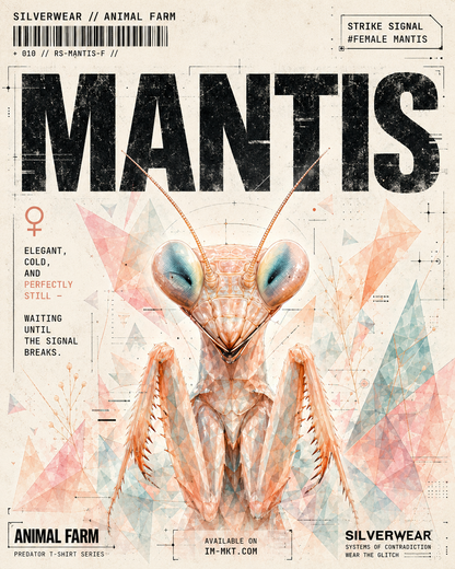 Mantis illustration with text on a beige background