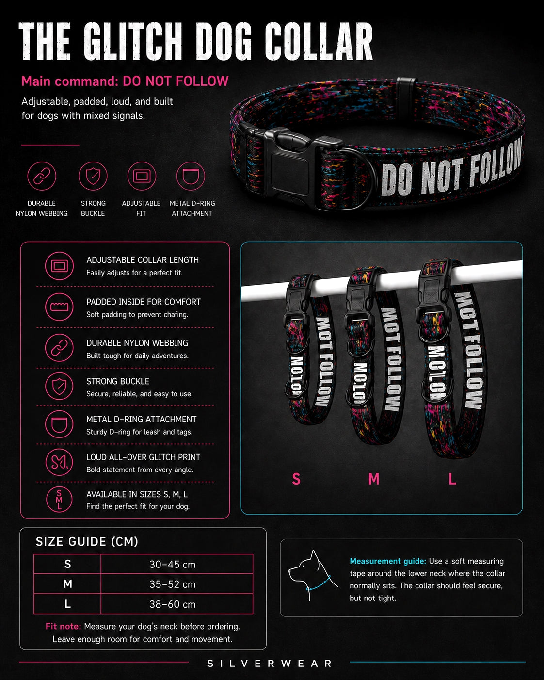 Dog collar with 'DO NOT FOLLOW' text, featuring adjustable padding, metal D-ring attachment, and size guide on a black background.