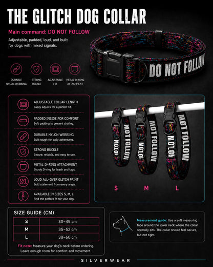 Dog collar with 'DO NOT FOLLOW' text, featuring adjustable padding, metal D-ring attachment, and size guide on a black background.