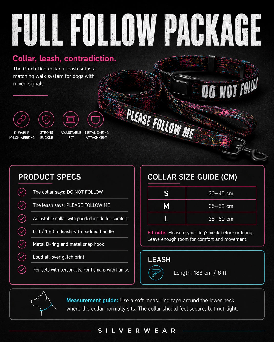 Dog collar and leash set with 'DO NOT FOLLOW' and 'PLEASE FOLLOW ME' text on a black background, featuring product specifications and size guide.