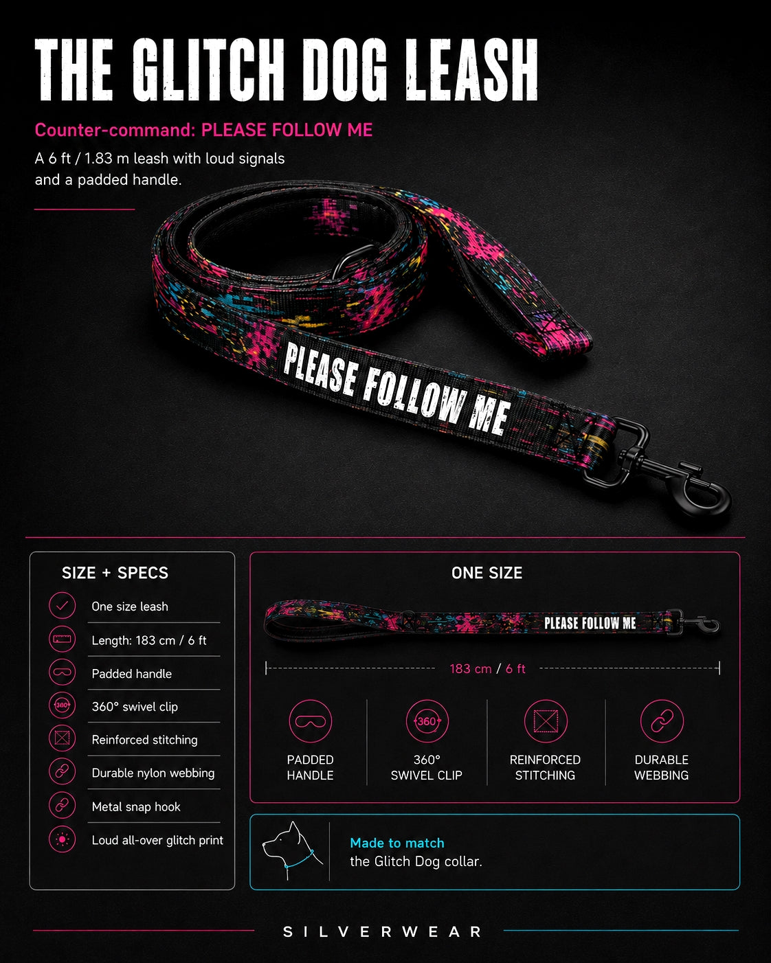 Dog leash with 'PLEASE FOLLOW ME' text on a black background, featuring Silverwear branding.
