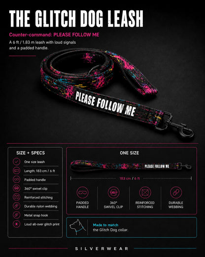 Dog leash with 'PLEASE FOLLOW ME' text on a black background, featuring Silverwear branding.