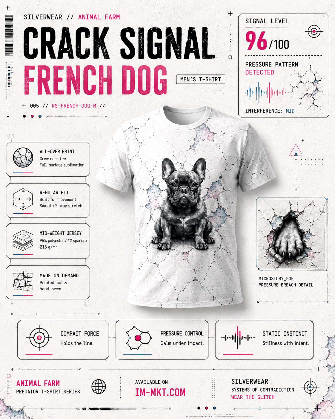 T-shirt with a dog graphic on a white background with text and graphics.