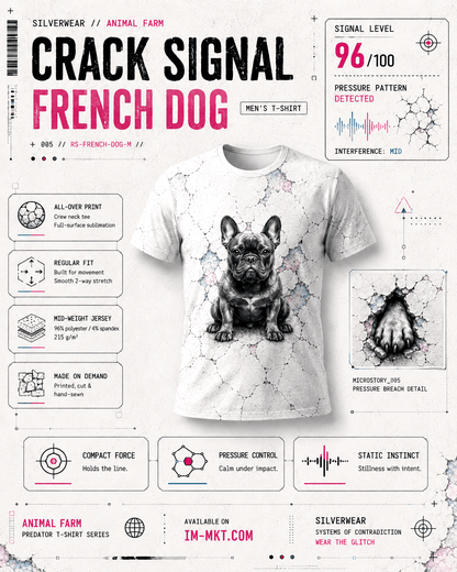 T-shirt with a dog graphic on a white background with text and graphics.