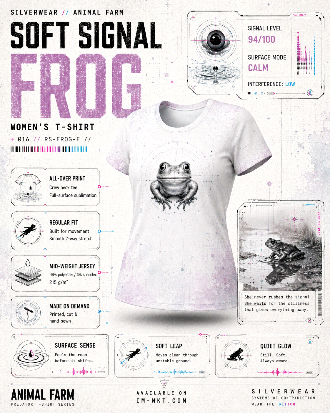 Women's t-shirt with frog design on a white background with product details.