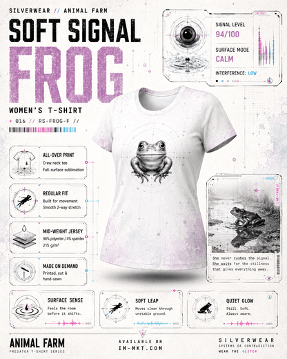 Women's t-shirt with frog design on a white background with product details.