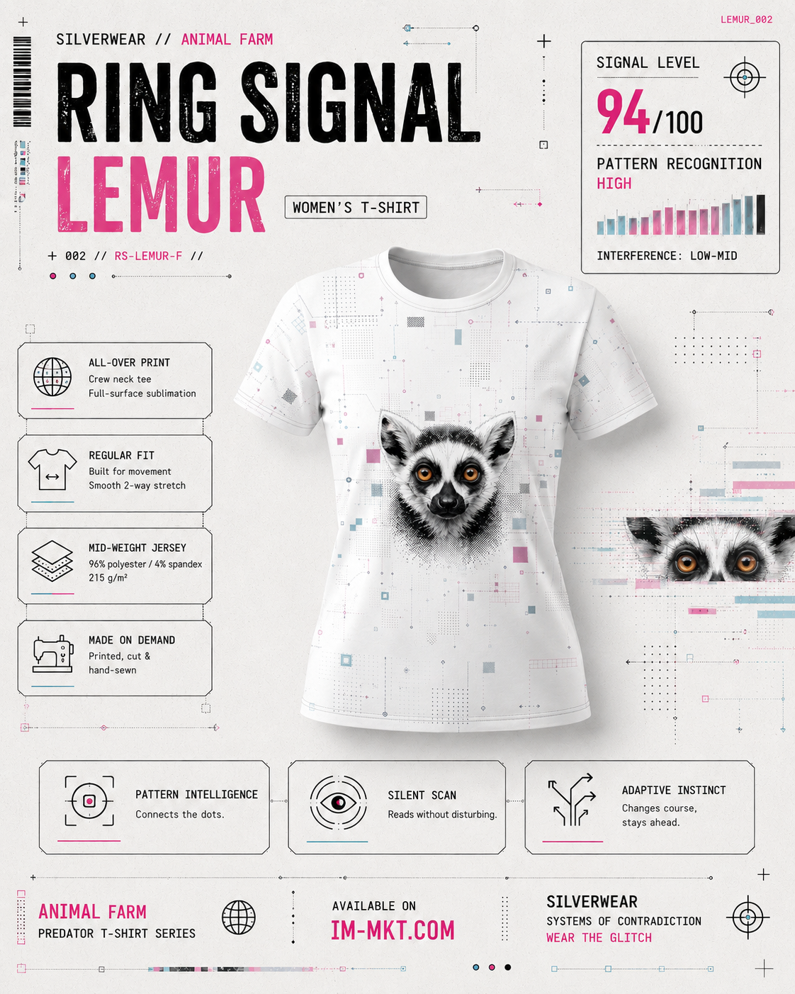 T-shirt with a lemur design on a white background with text and graphics.