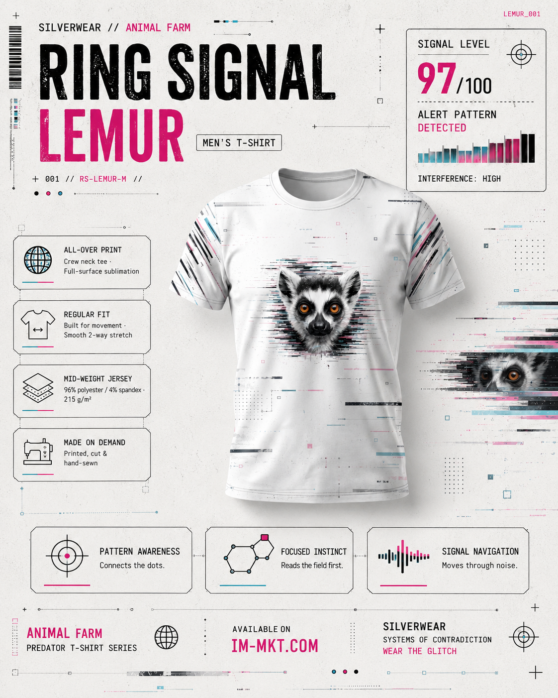 T-shirt with lemur design on a digital interface-themed background