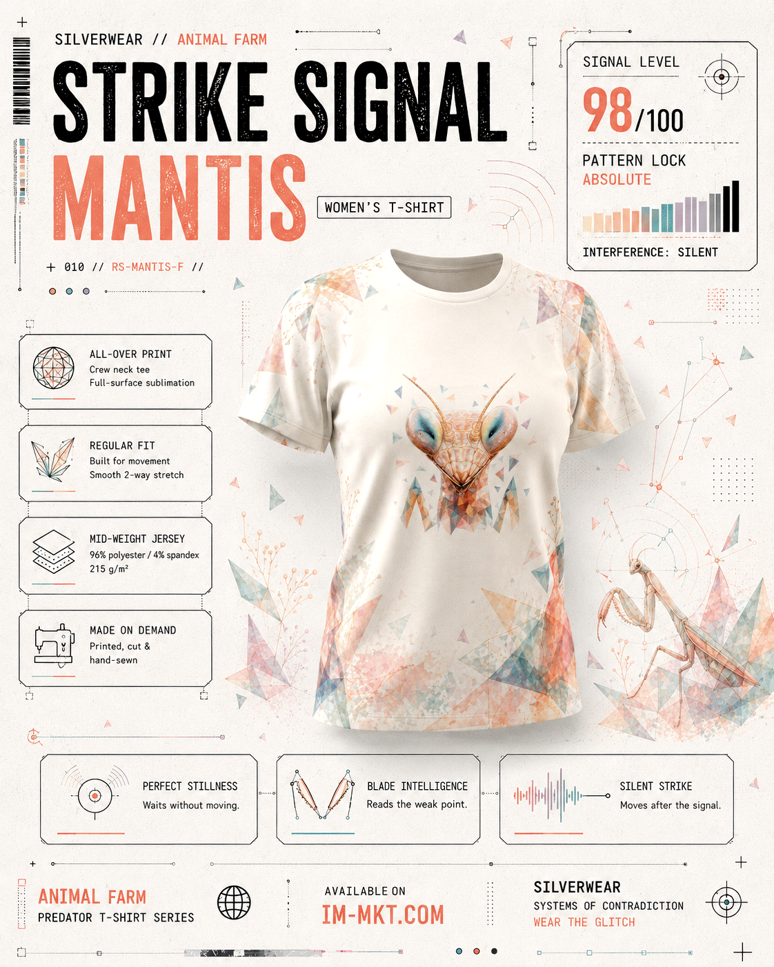 T-shirt with a praying mantis design on a white background with text and graphics.