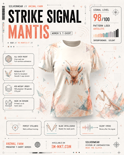 T-shirt with a praying mantis design on a white background with text and graphics.