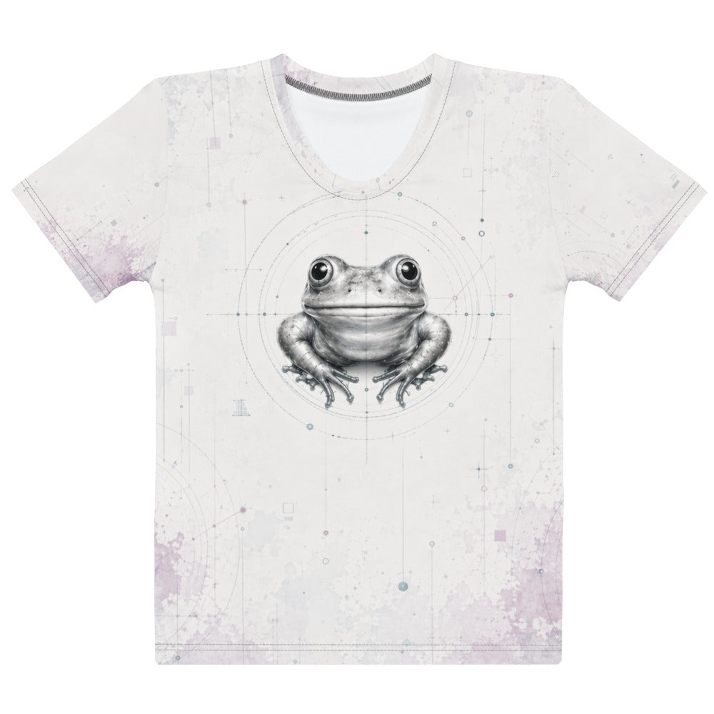 front view of SilverWEAR women’s Frog T-shirt with frog graphic and subtle circular signal pattern on light fabric