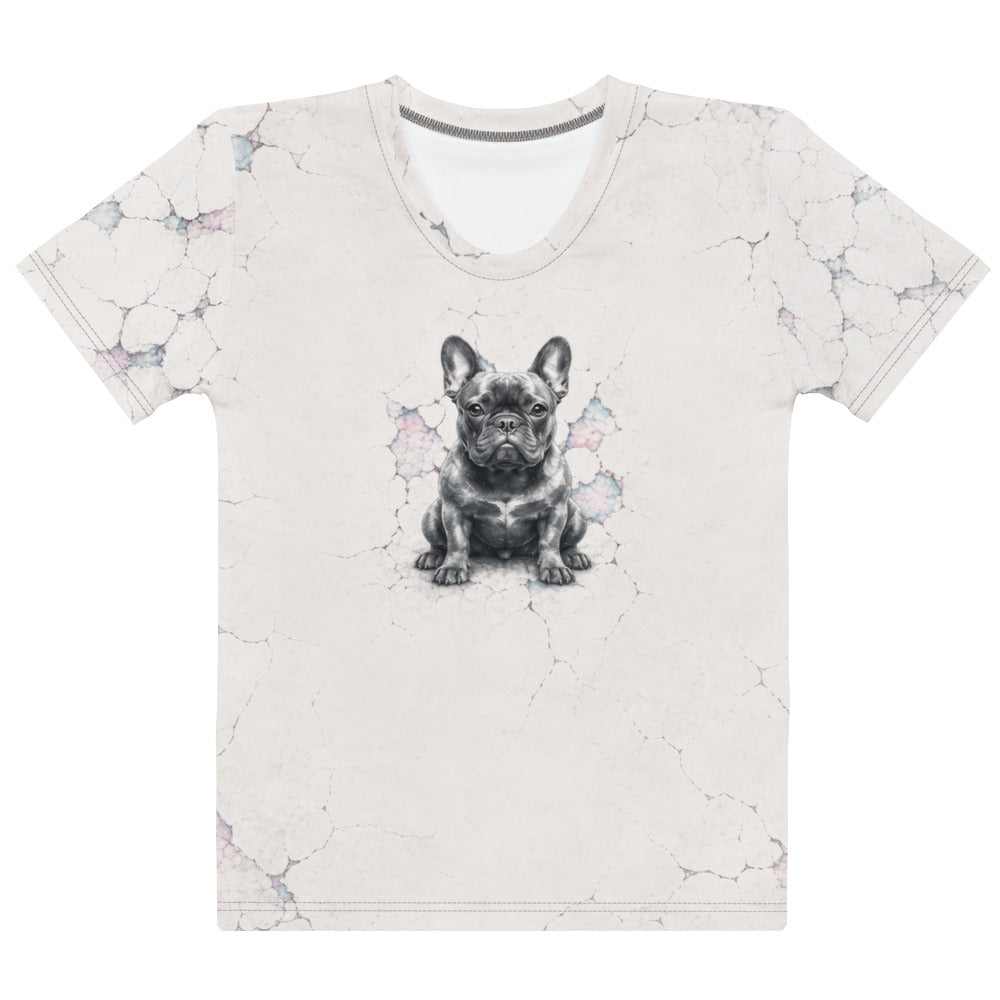 T-shirt with a dog graphic on a marble pattern background