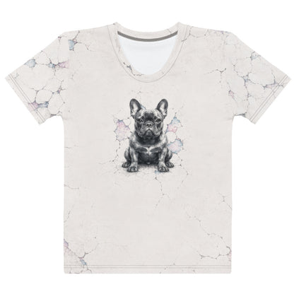T-shirt with a dog graphic on a marble pattern background