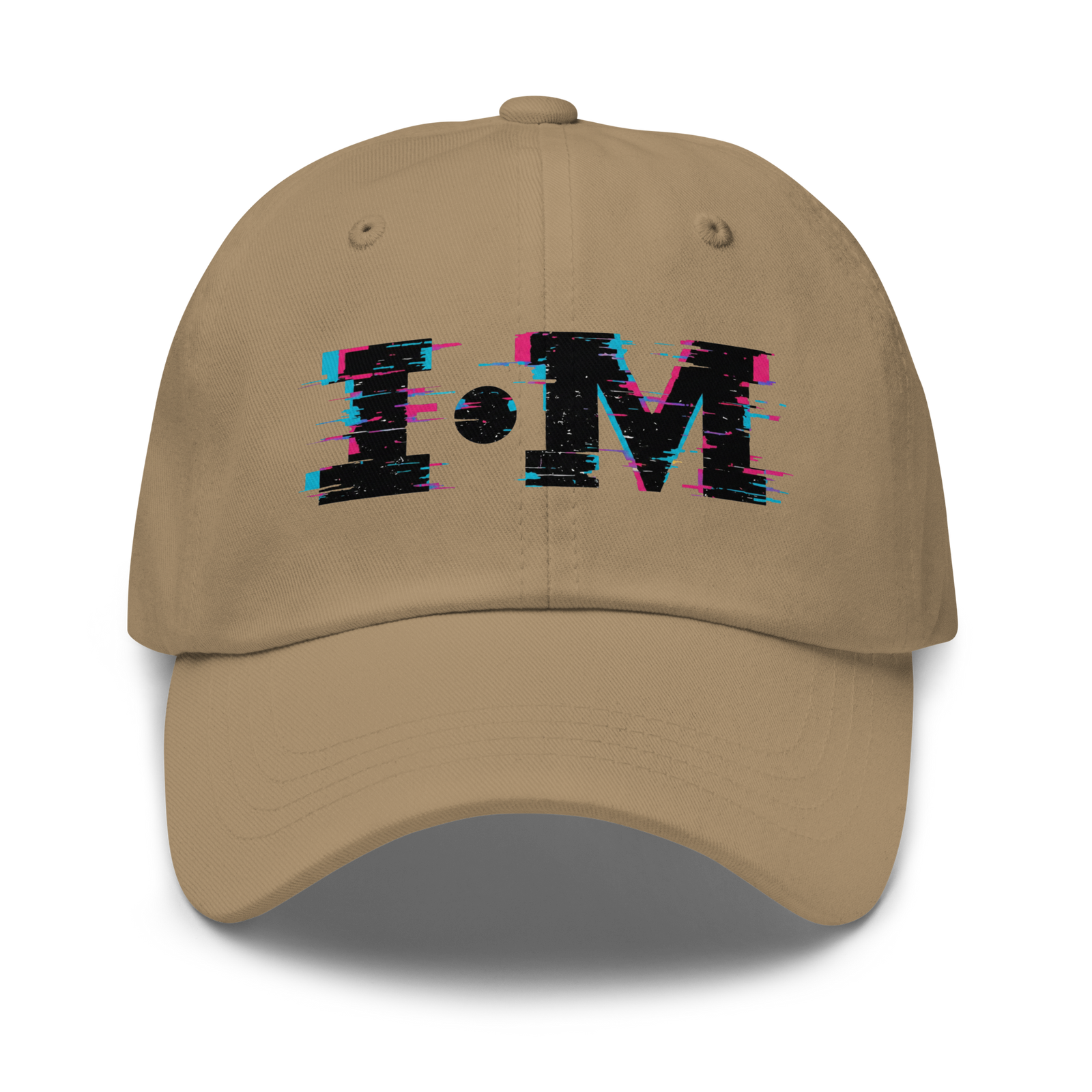Beige cap with 'I·M' text design on a white background