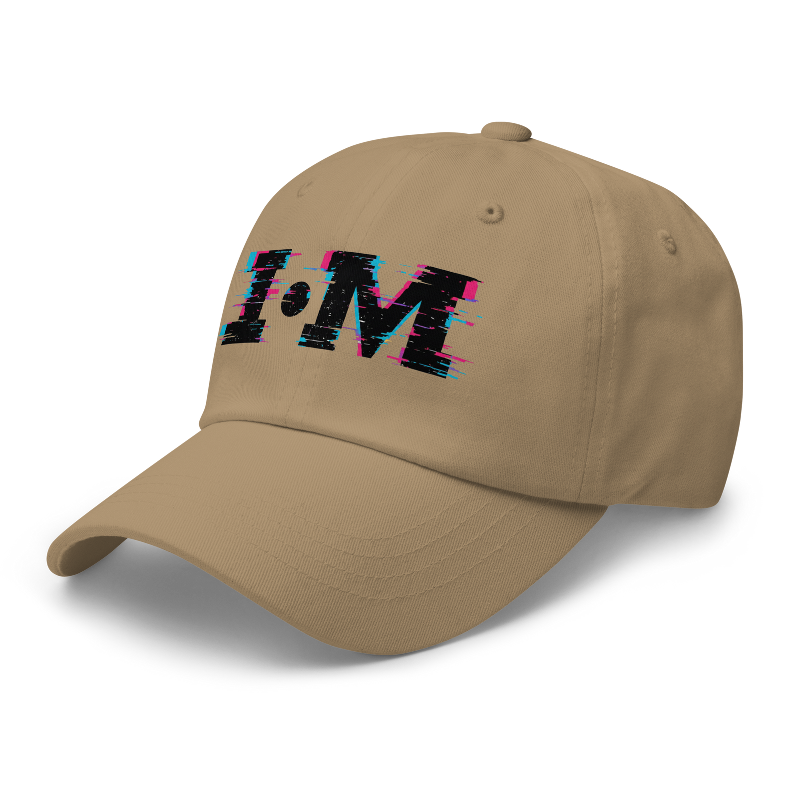 Beige cap with 'I·M' text on a white background