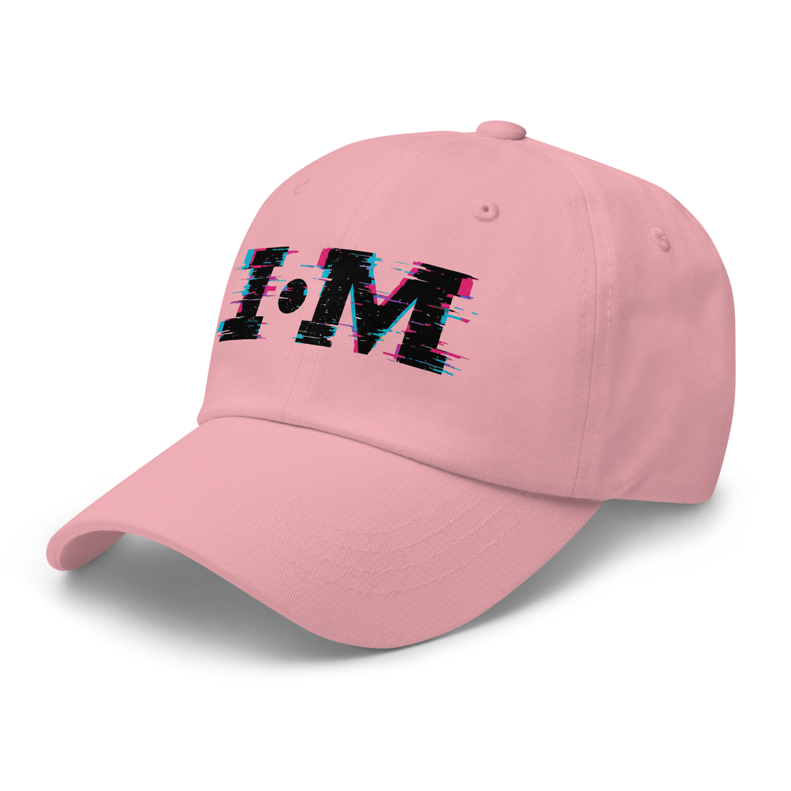 Pink cap with 'I·M' text on a white background