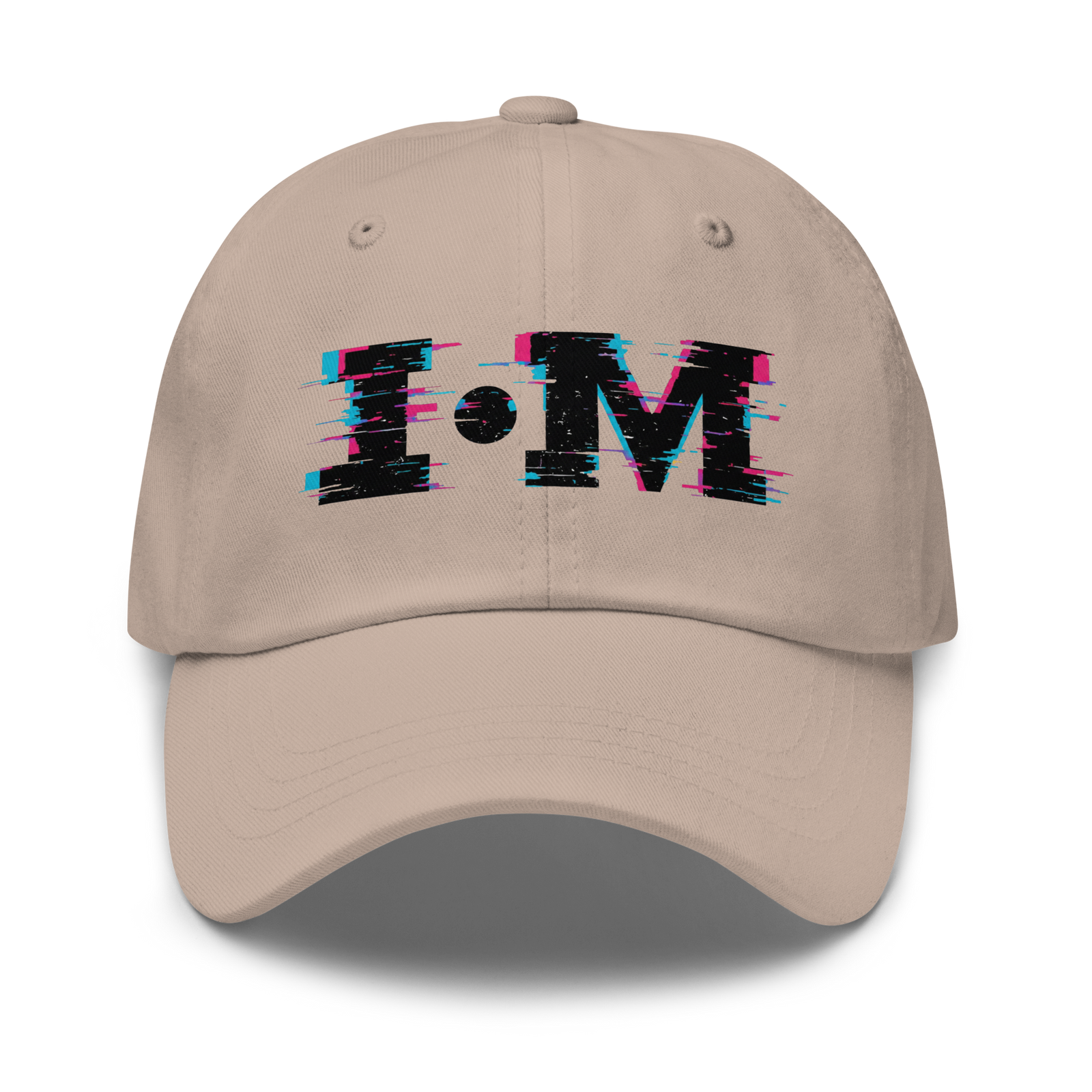 Beige cap with 'I•M' logo on a white background