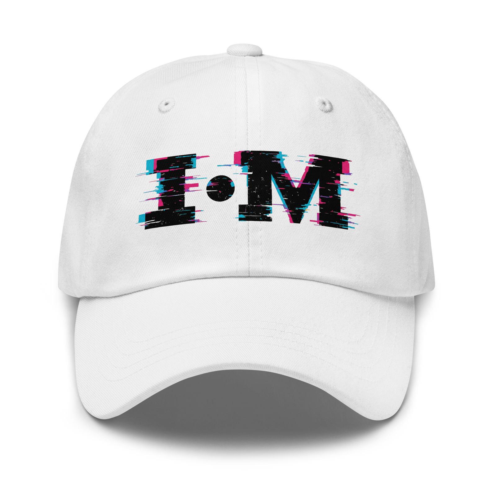 White low-profile cotton cap with black-and-pink I•M glitch logo printed on the front, front view on a light background.