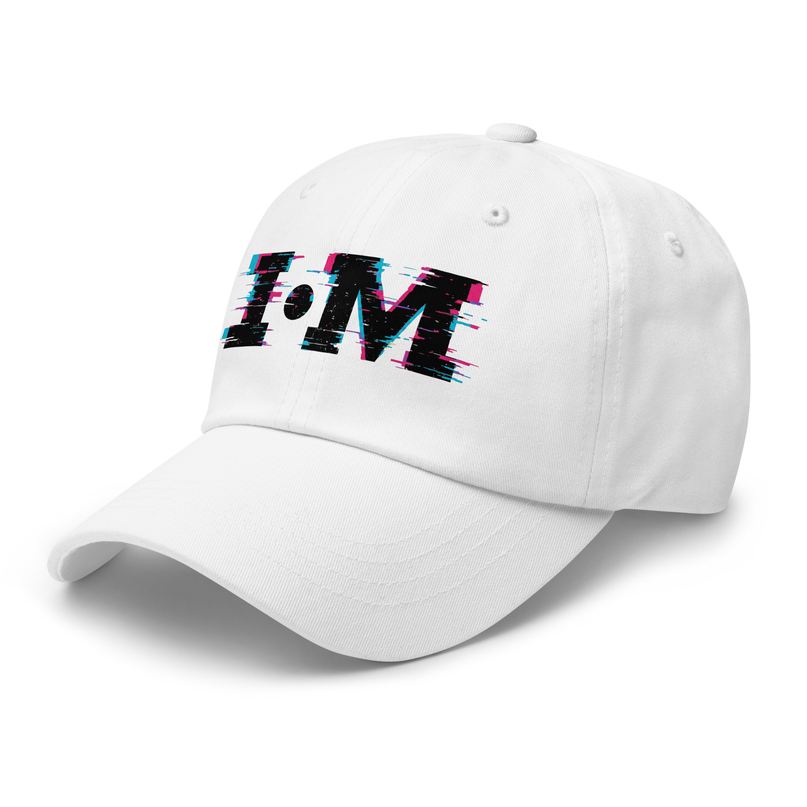 White cap with colorful 'I·M' logo on a white background