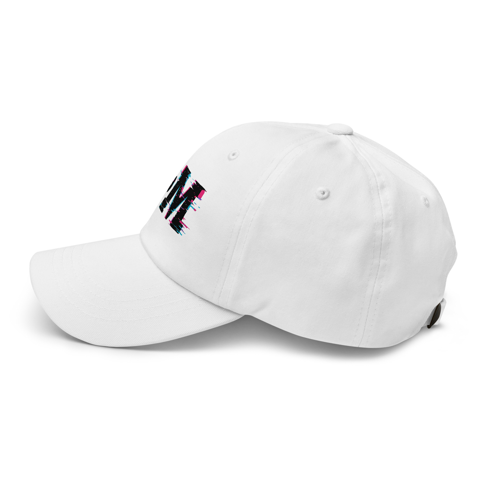 White baseball cap with a black logo on a white background