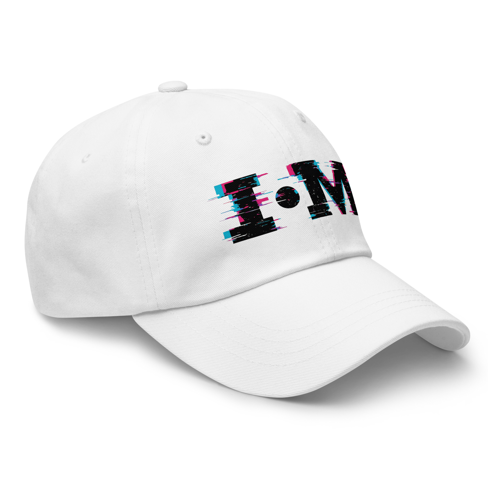 White cap with colorful text design on a white background