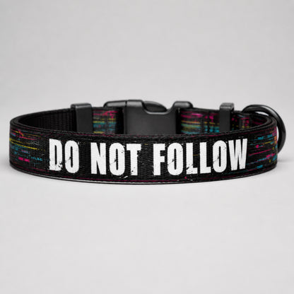 Dog collar with 'DO NOT FOLLOW' text on a gray background