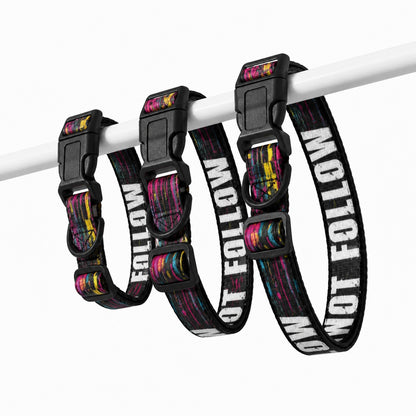 Set of colorful dog collars with 'Don't Follow' text on a white background